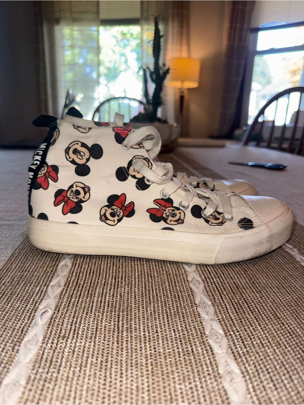 Women’s White Canvas High-Top Sneakers with Minnie & Mickey Accent Print